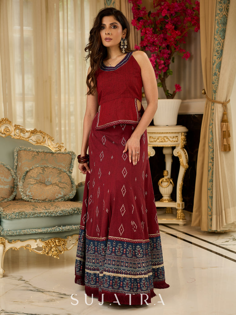 Maroon rich Jamdani Lehenga and Choli - Beautiful navy blue embroidered shrug Optional