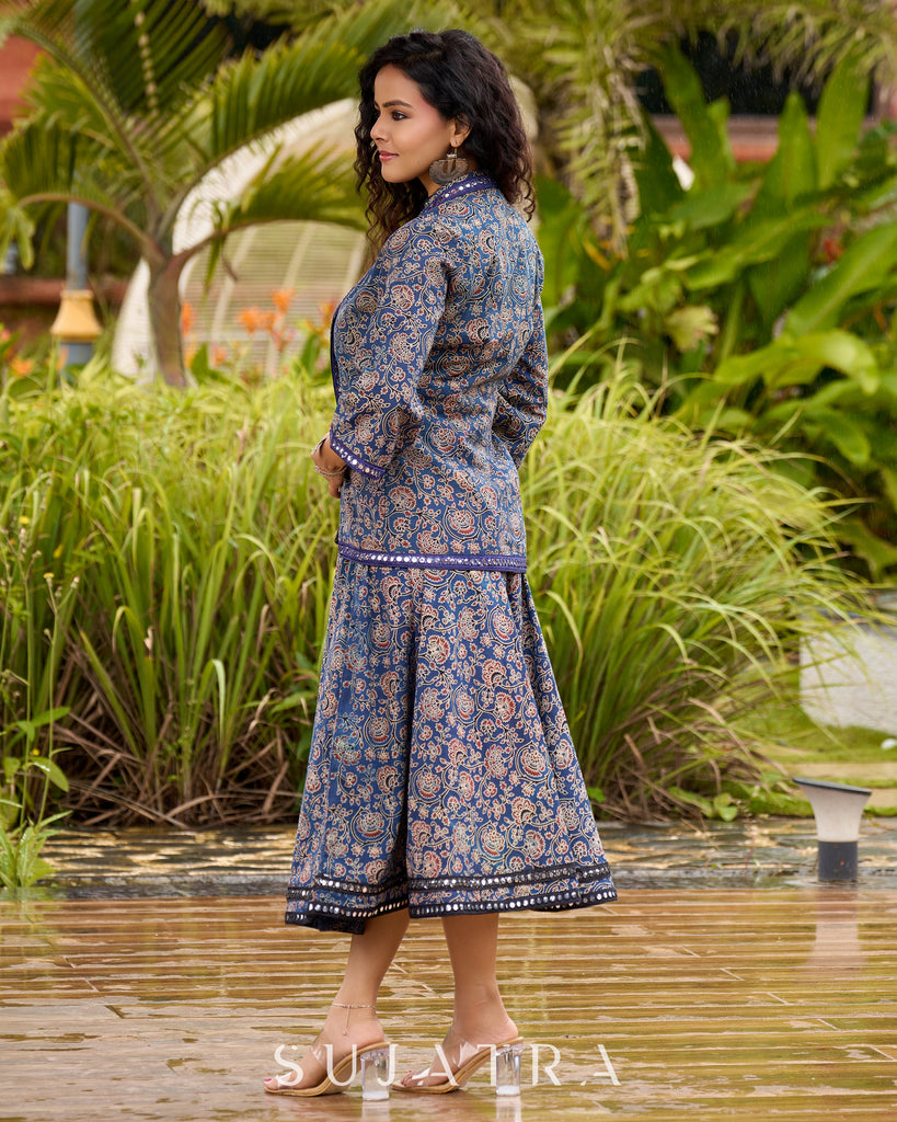 Ajrakh Elegance Blue Skirt & Black Woven Halter Neck Top with Additional Ajrakh Jacket