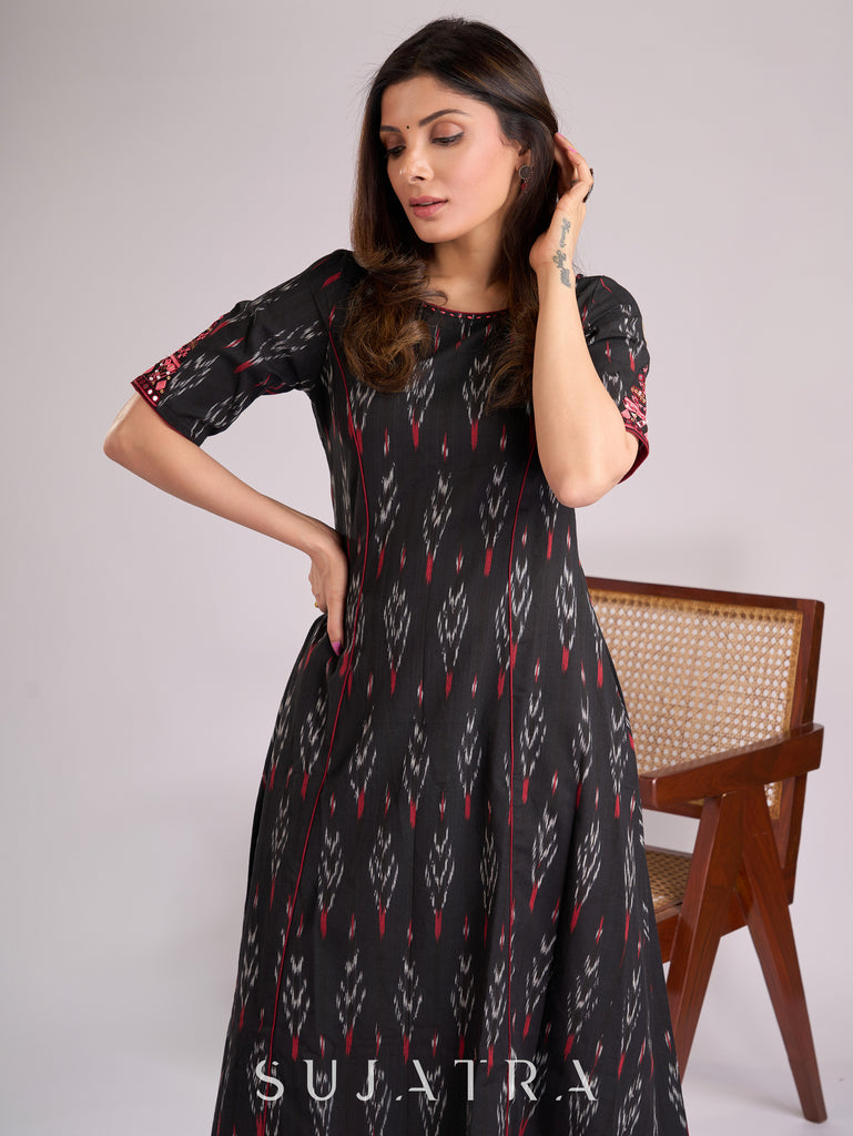 Elegant Black Ikat Paneled Kurta with Intricate Sleeve Handwork & Maroon Piping Accents