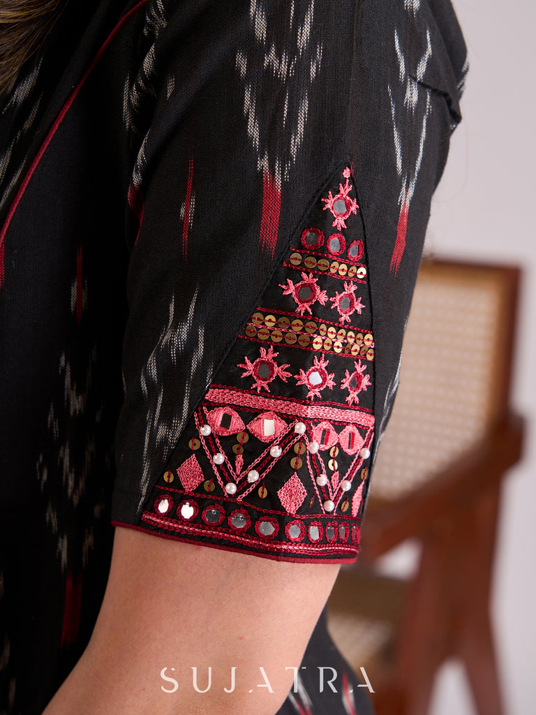 Elegant Black Ikat Paneled Kurta with Intricate Sleeve Handwork & Maroon Piping Accents