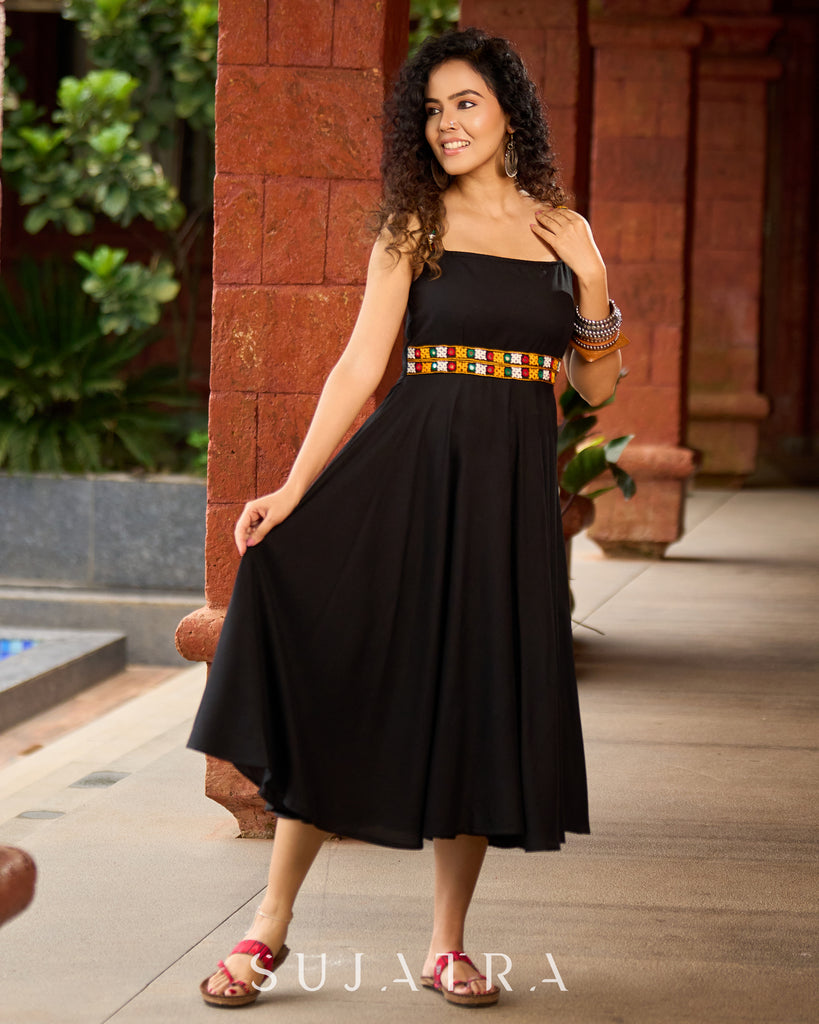 Black Rayon Double-Flared Sleeveless Dress with Mirror Work Embellishments - Patchwork Ajrakh Jacket Additional