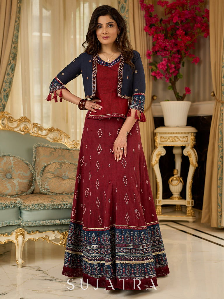 Maroon rich Jamdani Lehenga and Choli - Beautiful navy blue embroidered shrug Optional