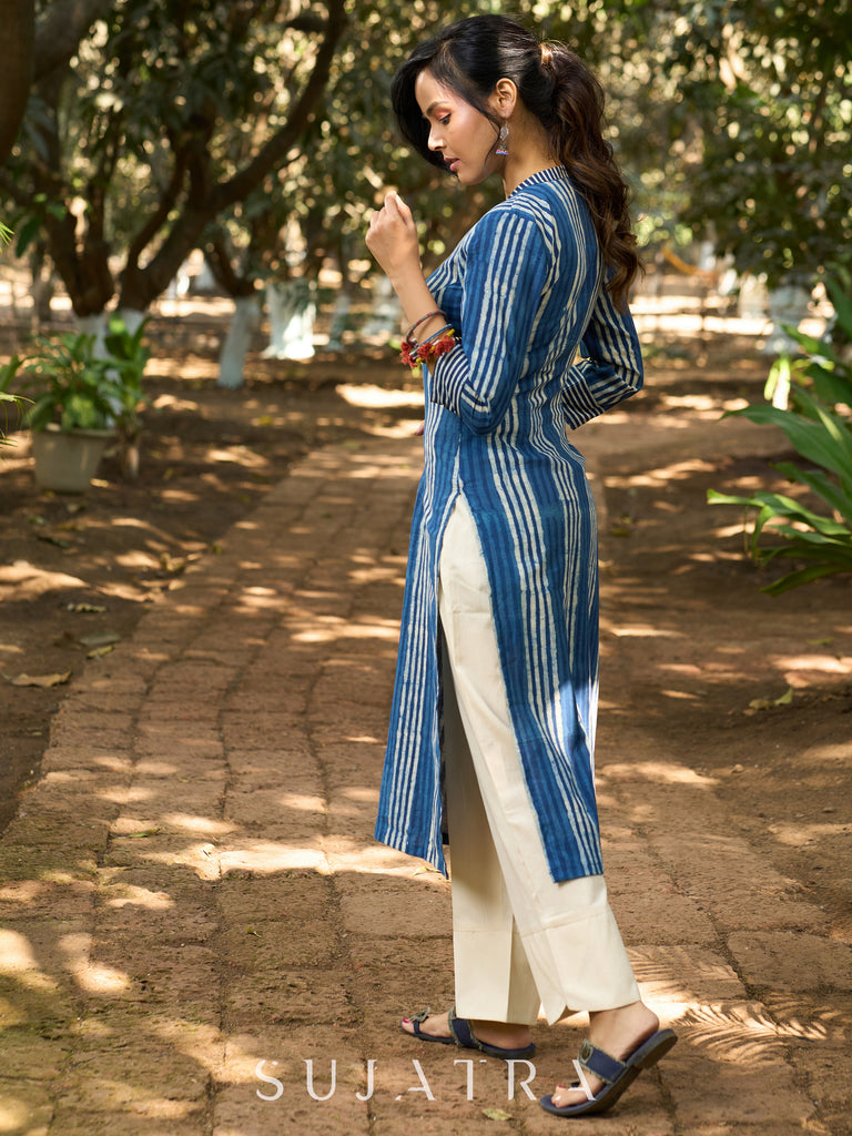 Classic Indigo Striped Kurta with Intricate Mirror Accents