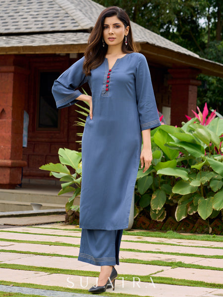 Smart Dark Grey rayon kurta elevated with subtle and stylish stitch detailing - palazzo optional