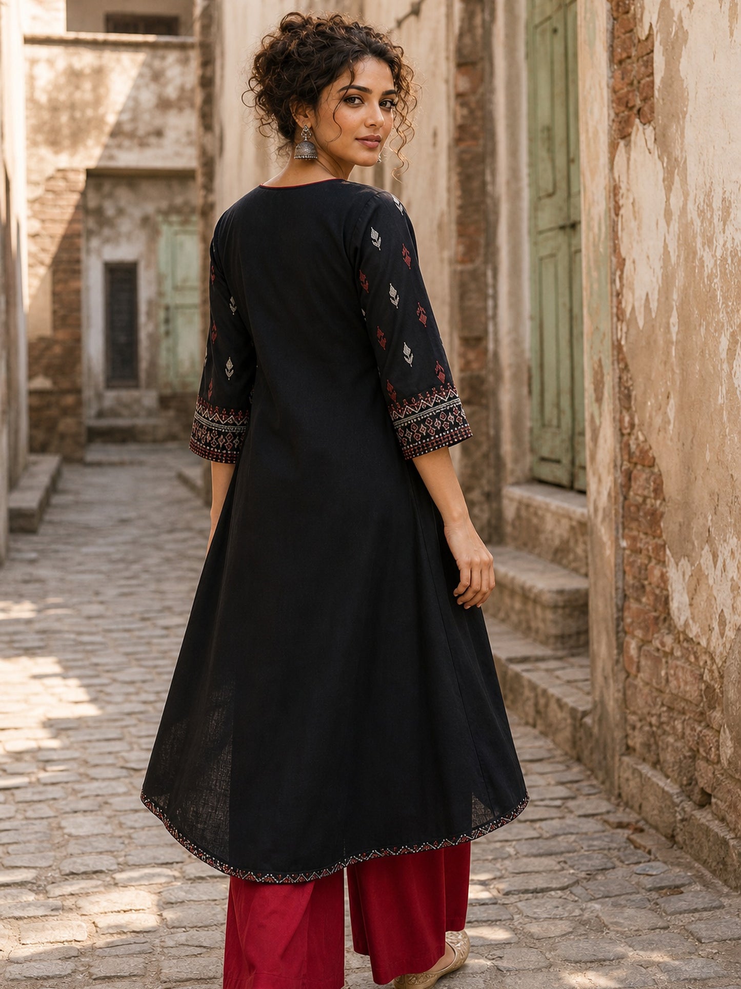 Soulful Black A-Line Cotton Kurta with Handcrafted Embroidery & Red Piping