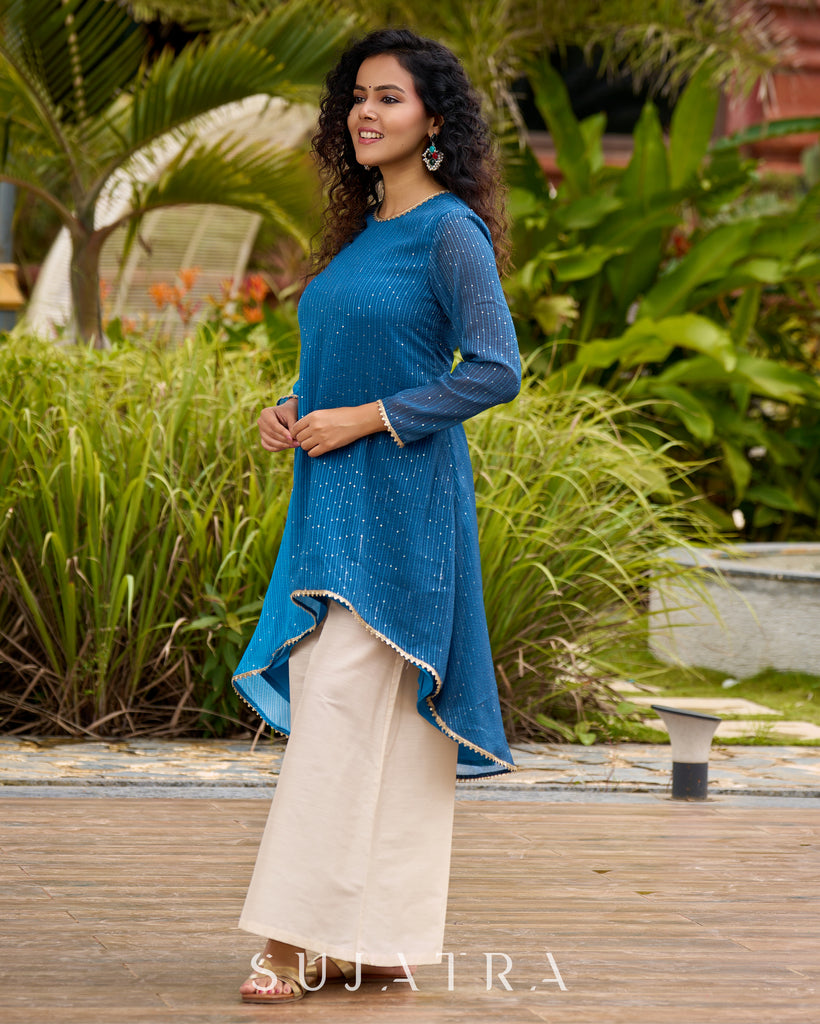 Elegant Blue Ombre Embroidered High-Low Statement Short Kurta - Flared Pants Additional