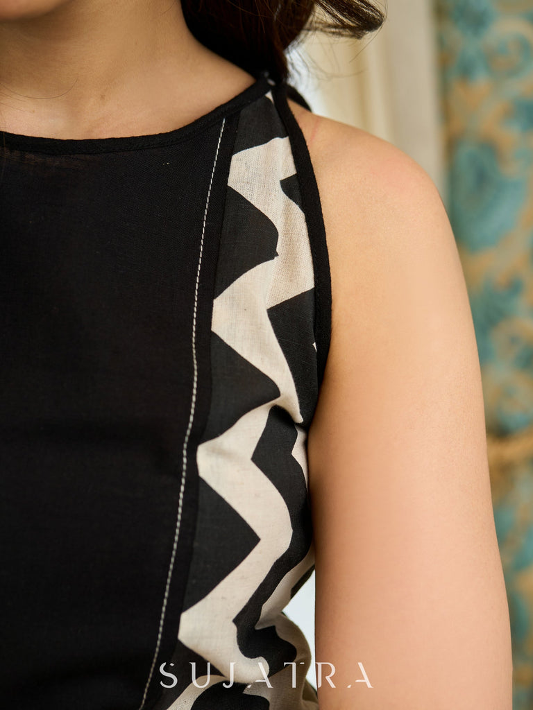 Bespoke Black Zigzag Panel Dress in Cotton Flex with Subtle Kantha Embroidery