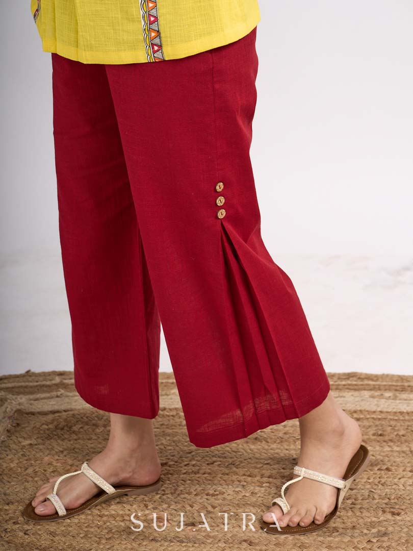 Maroon Cotton Modern Side Pleat Silhouette Pants