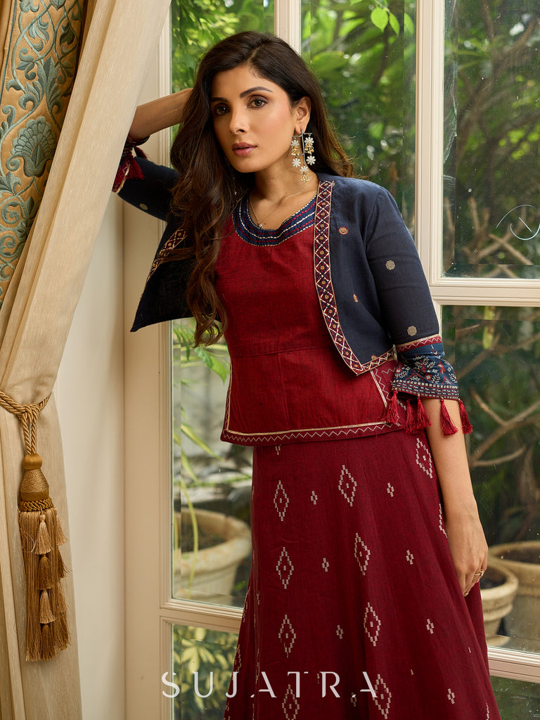 Maroon rich Jamdani Lehenga and Choli - Beautiful navy blue embroidered shrug Optional