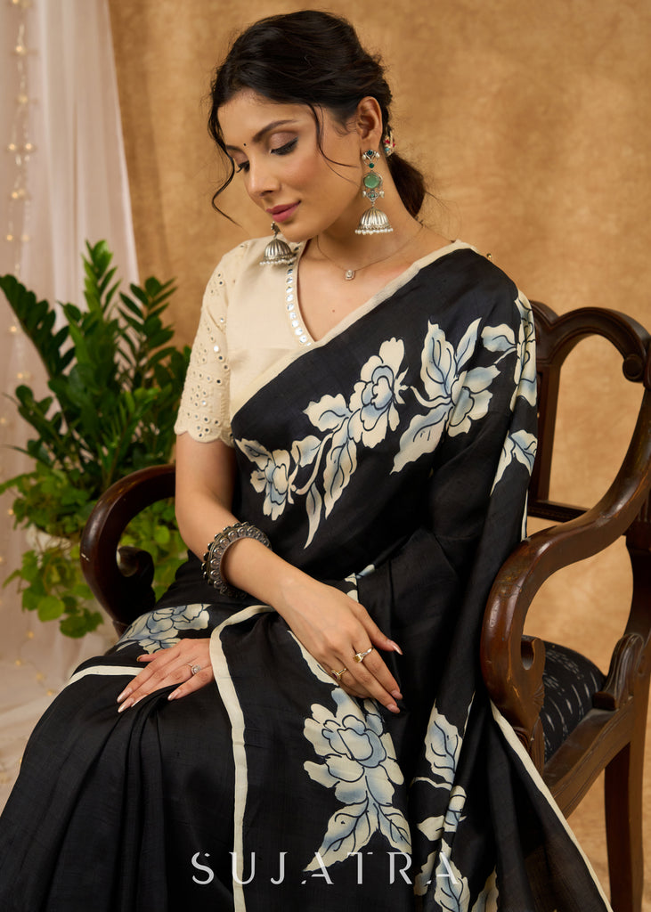 Exquisite Black Hand Painted Pure Silk Saree With Floral Motifs