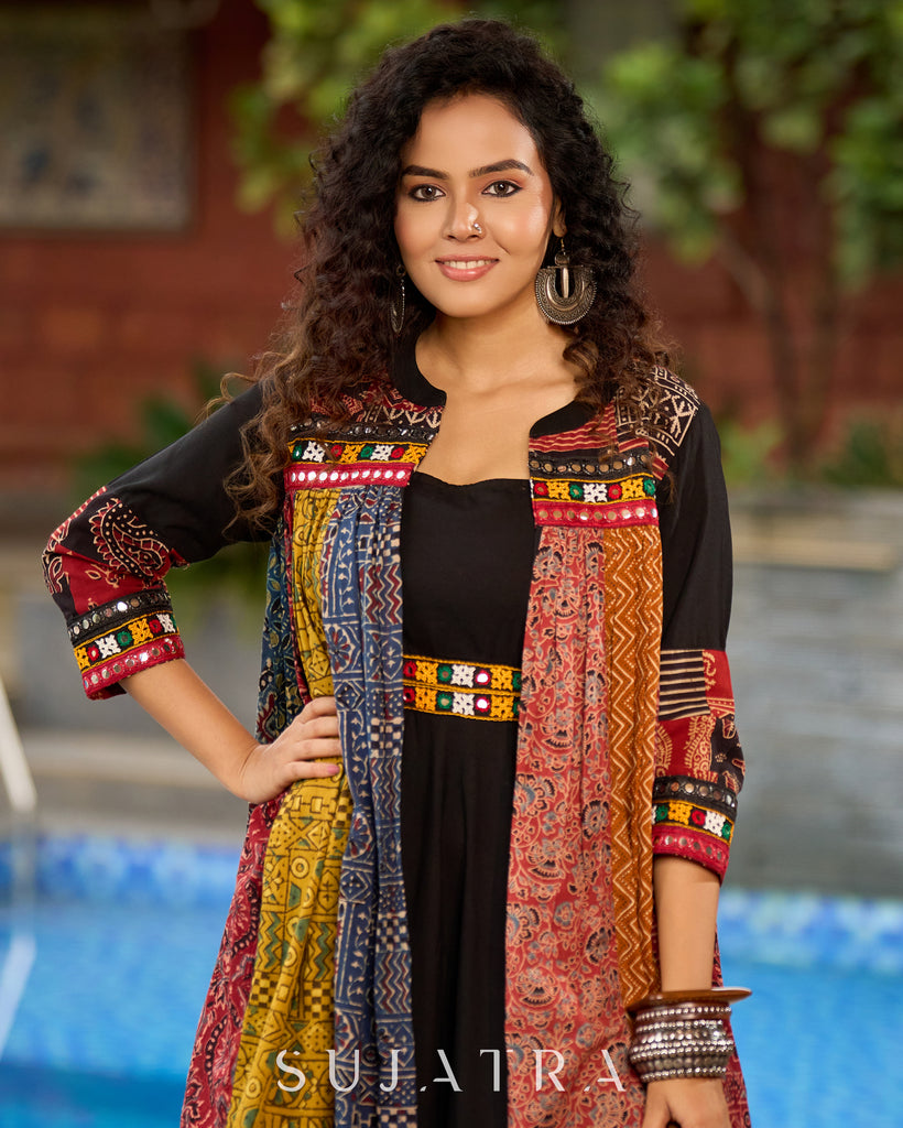Black Rayon Double-Flared Sleeveless Dress with Mirror Work Embellishments - Patchwork Ajrakh Jacket Additional