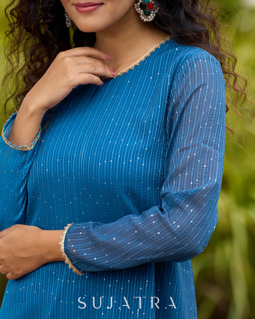 Elegant Blue Ombre Embroidered High-Low Statement Short Kurta - Flared Pants Additional