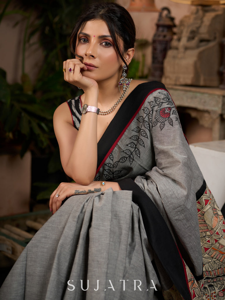 Sophisticated grey cotton saree with bold Madhubani artistry and timeless allure