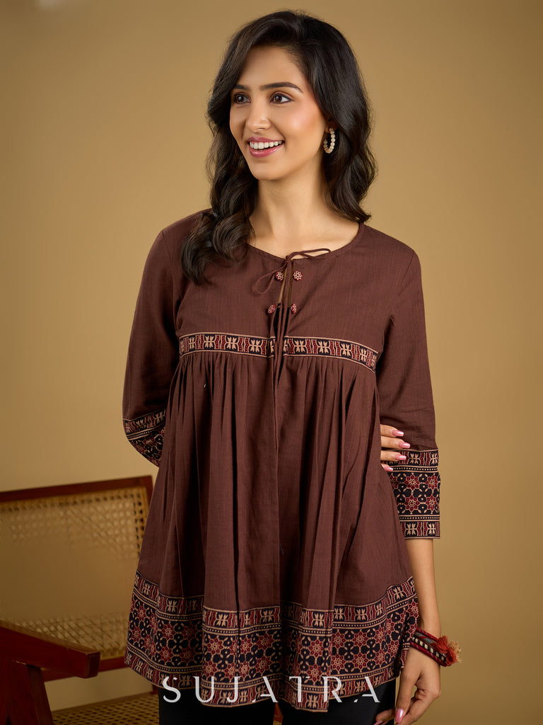 Beautiful brown cotton ajrakh combination top