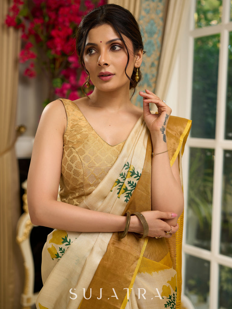 Exclusive pure tusser silk floral printed saree with mustard pallu