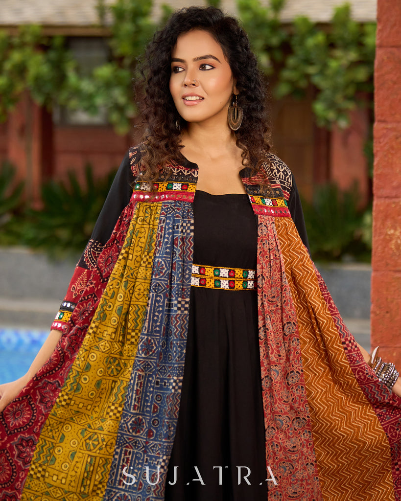 Black Rayon Double-Flared Sleeveless Dress with Mirror Work Embellishments - Patchwork Ajrakh Jacket Additional