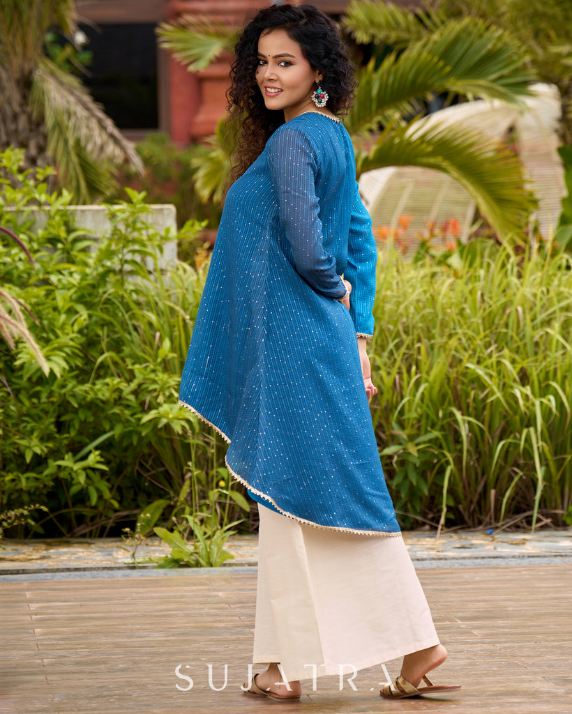 Elegant Blue Ombre Embroidered High-Low Statement Short Kurta - Flared Pants Additional
