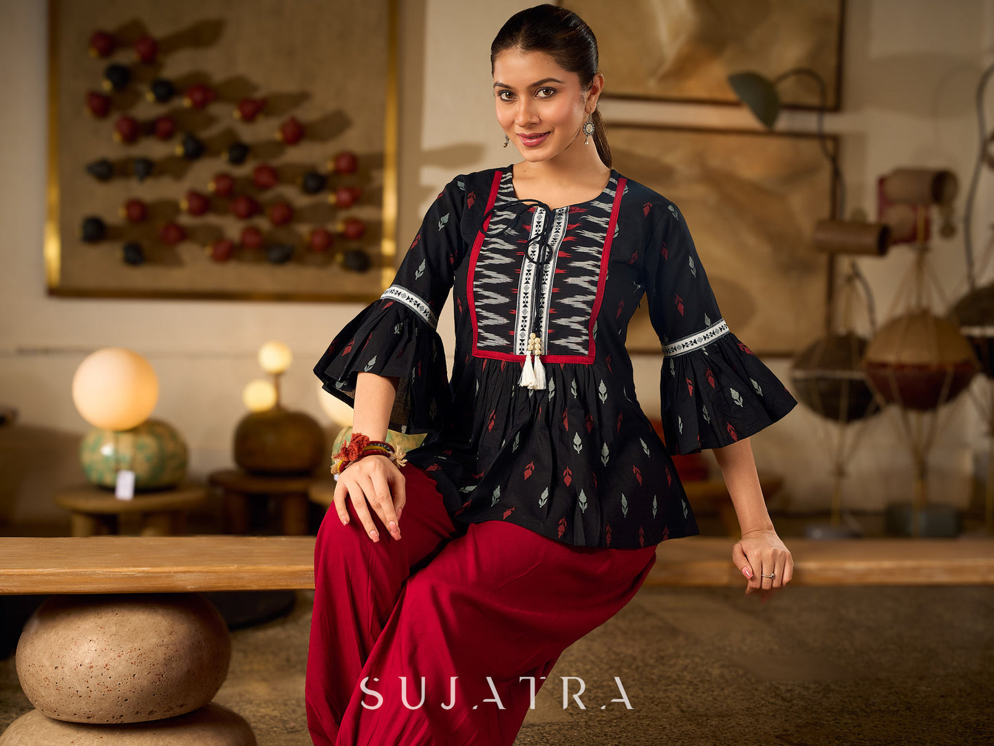 Contemporary Black Printed Cotton Top with Ikat Yoke and Flared Sleeves featuring Ikat Borders