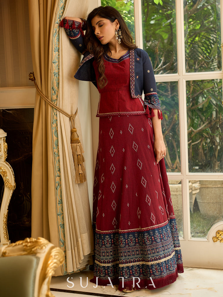 Maroon rich Jamdani Lehenga and Choli - Beautiful navy blue embroidered shrug Optional