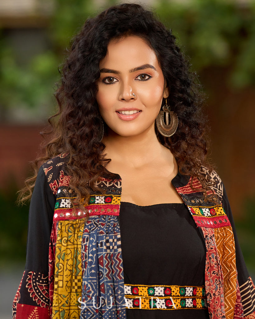 Black Rayon Double-Flared Sleeveless Dress with Mirror Work Embellishments - Patchwork Ajrakh Jacket Additional