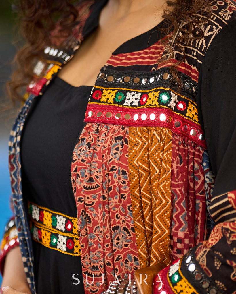 Black Rayon Double-Flared Sleeveless Dress with Mirror Work Embellishments - Patchwork Ajrakh Jacket Additional