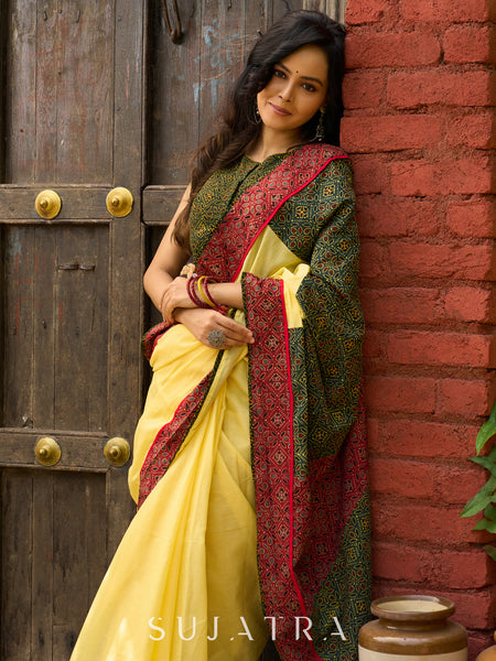Sunlit yellow cotton contemporary Ajrakh combination saree