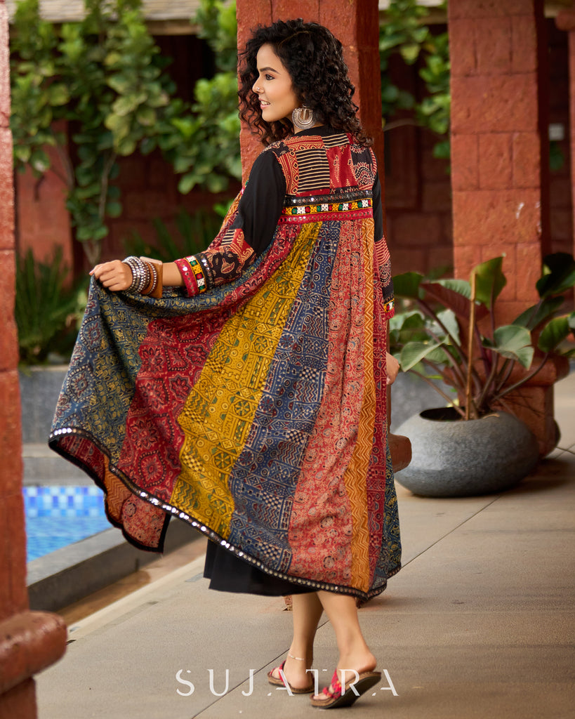 Black Rayon Double-Flared Sleeveless Dress with Mirror Work Embellishments - Patchwork Ajrakh Jacket Additional