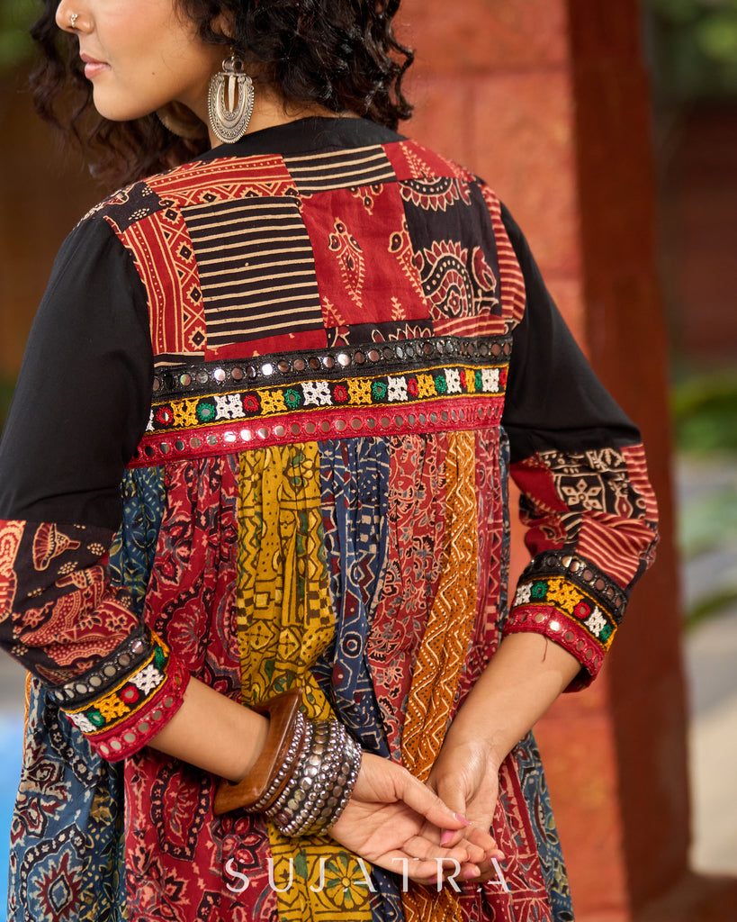 Black Rayon Double-Flared Sleeveless Dress with Mirror Work Embellishments - Patchwork Ajrakh Jacket Additional