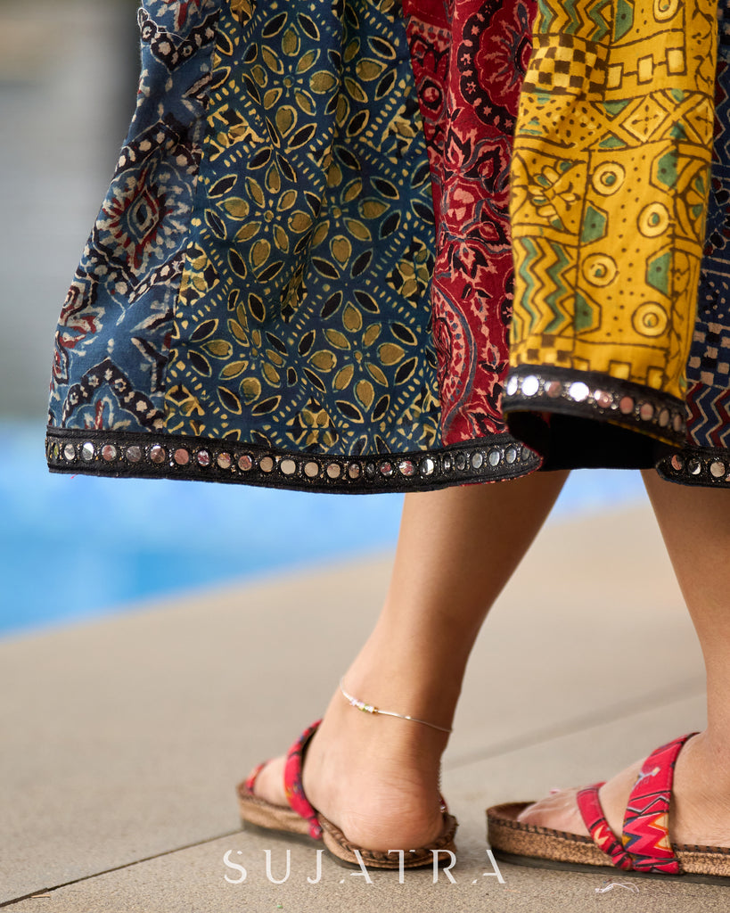 Black Rayon Double-Flared Sleeveless Dress with Mirror Work Embellishments - Patchwork Ajrakh Jacket Additional