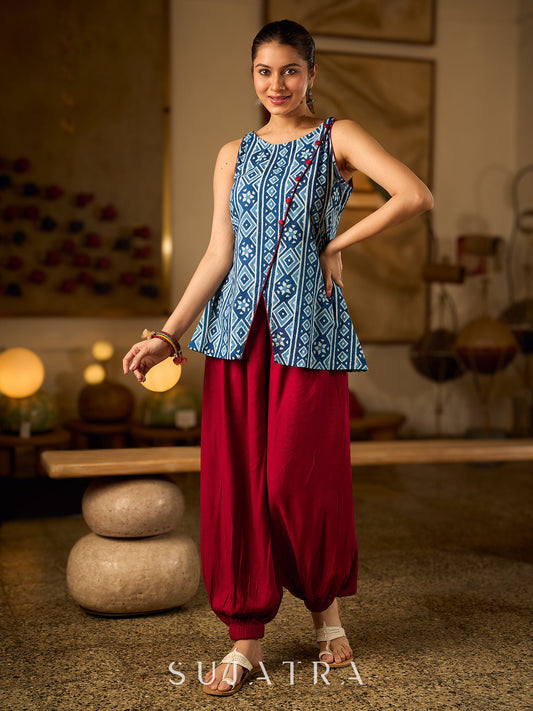 Elegant Indigo Geometric Cotton Top With An Asymmetrical Overlap Front and Maroon Highlights