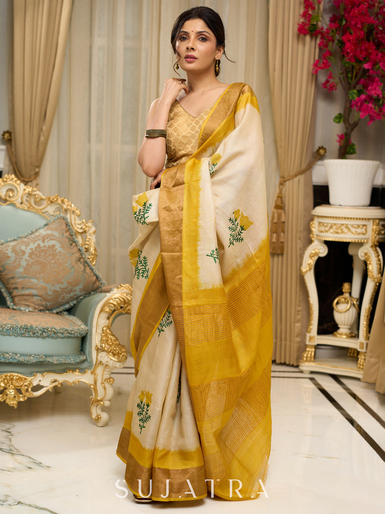Exclusive pure tusser silk floral printed saree with mustard pallu