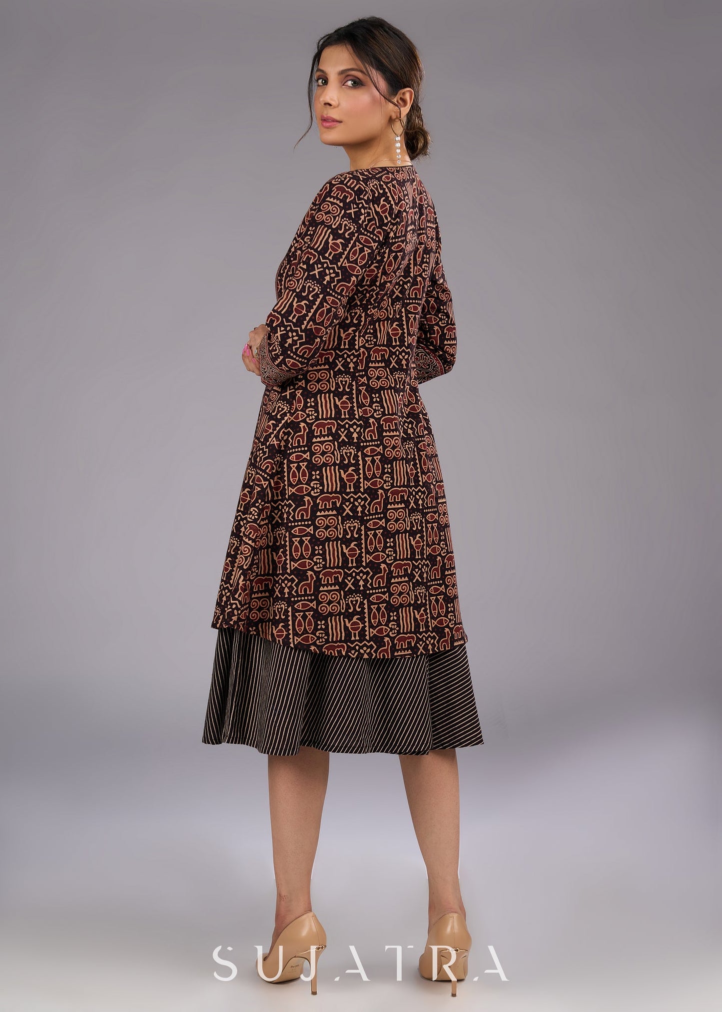 Black and Bold Ajrakh Cotton Strappy Flared Dress - Ajrakh Jacket Optional