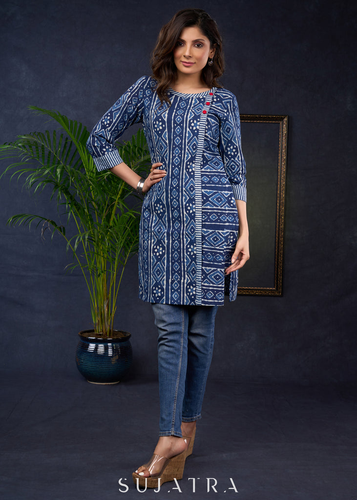 Stylish Indigo Cotton Combination Tunic For Effortless Charm.