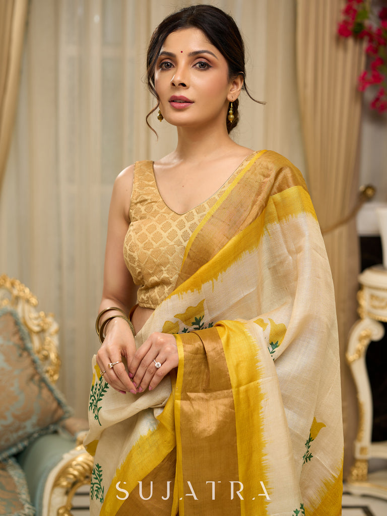 Exclusive pure tusser silk floral printed saree with mustard pallu