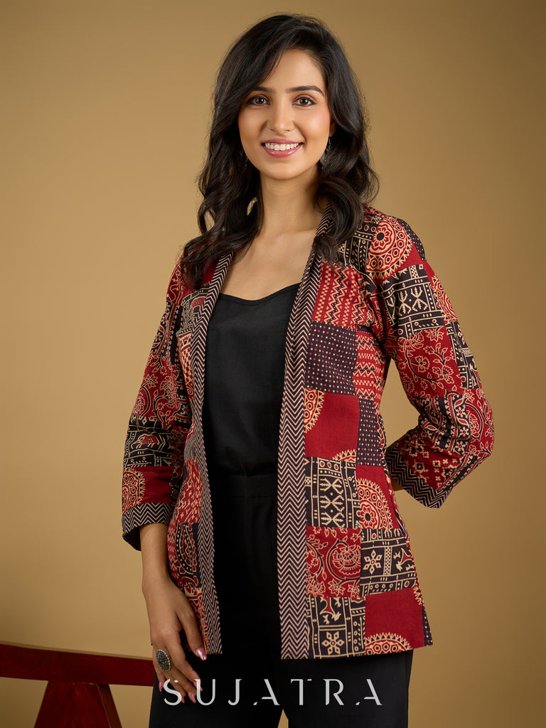 Handcrafted Ajrakh patchwork cotton jacket with cotton slub inner.