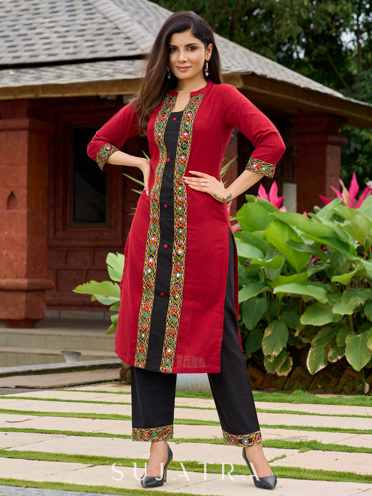 Beautiful maroon cotton kurta highlighted with traditional Kutch mirror embroidery-pant optional