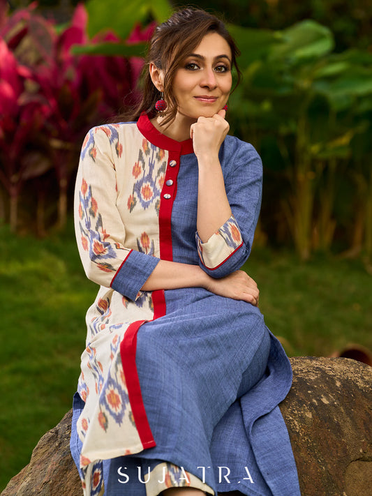 Contemporary Cream and Blue Ikat Half-and-Half Kurta