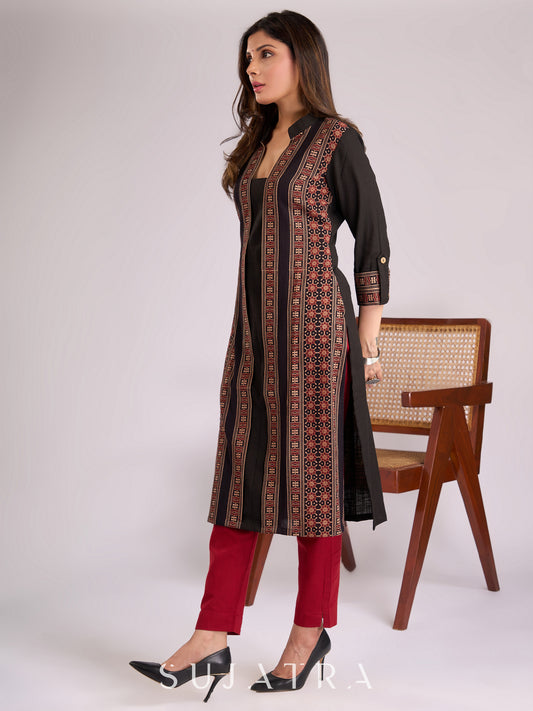 Timeless Black Cotton Kurta with Ajrakh Accents
