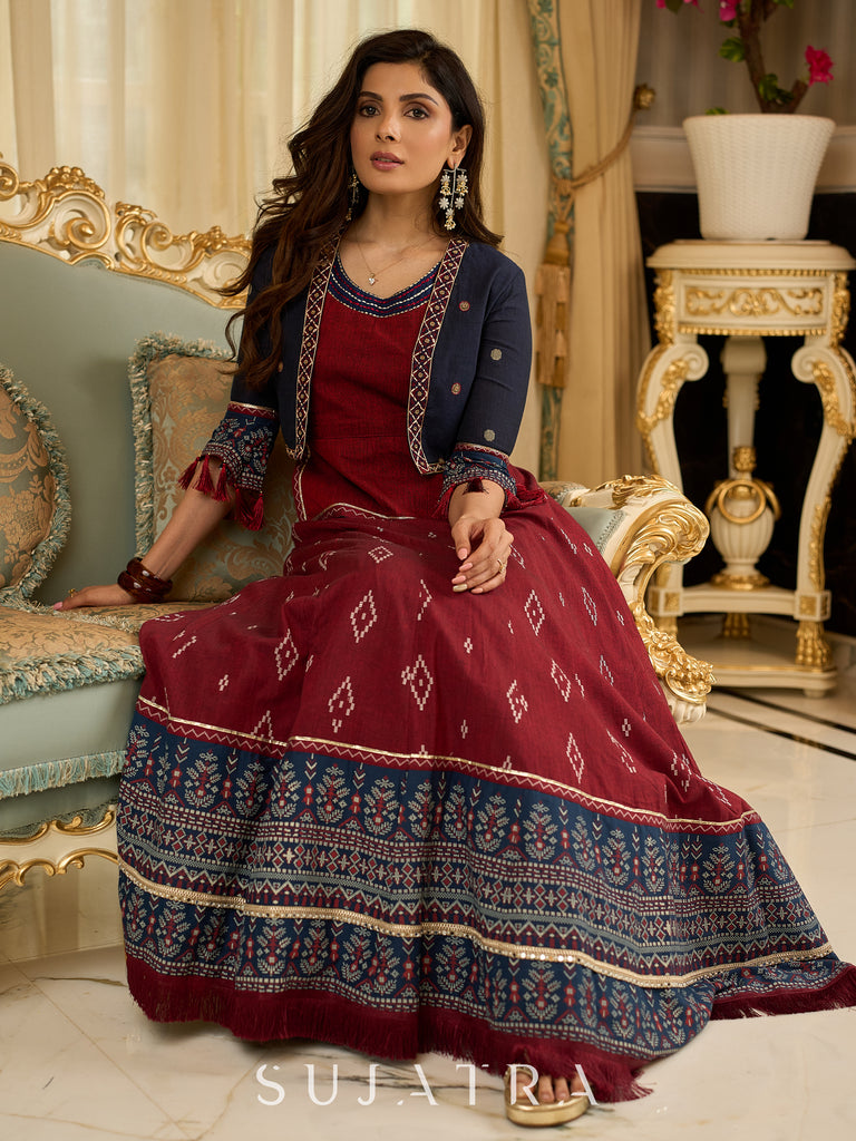 Maroon rich Jamdani Lehenga and Choli - Beautiful navy blue embroidered shrug Optional