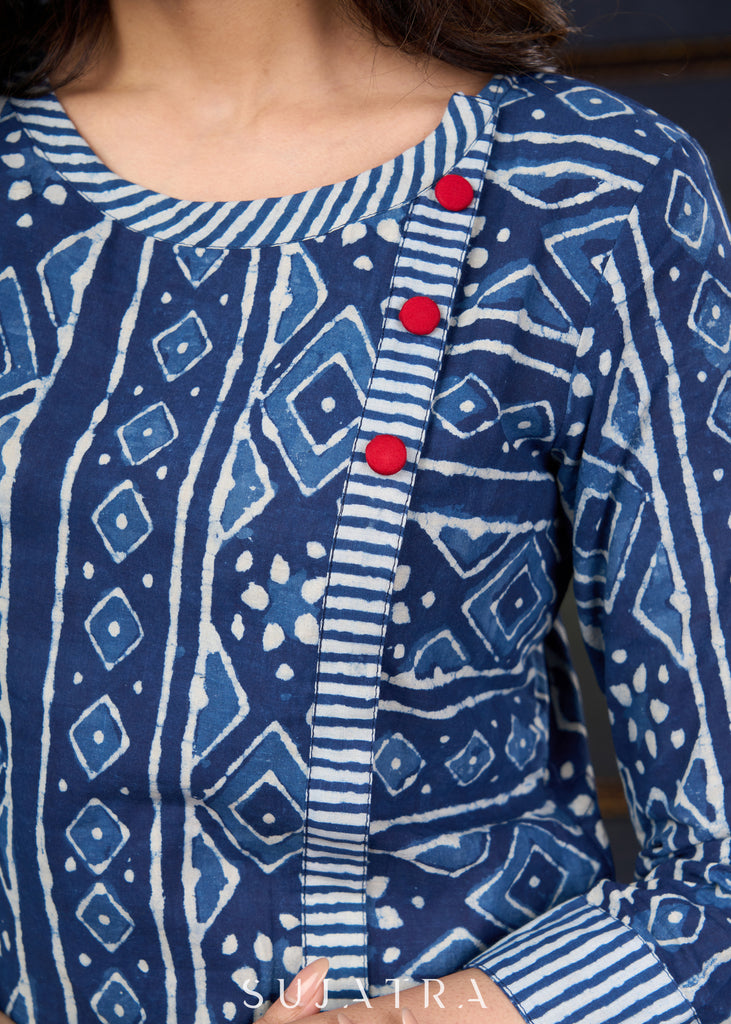 Stylish Indigo Cotton Combination Tunic For Effortless Charm.
