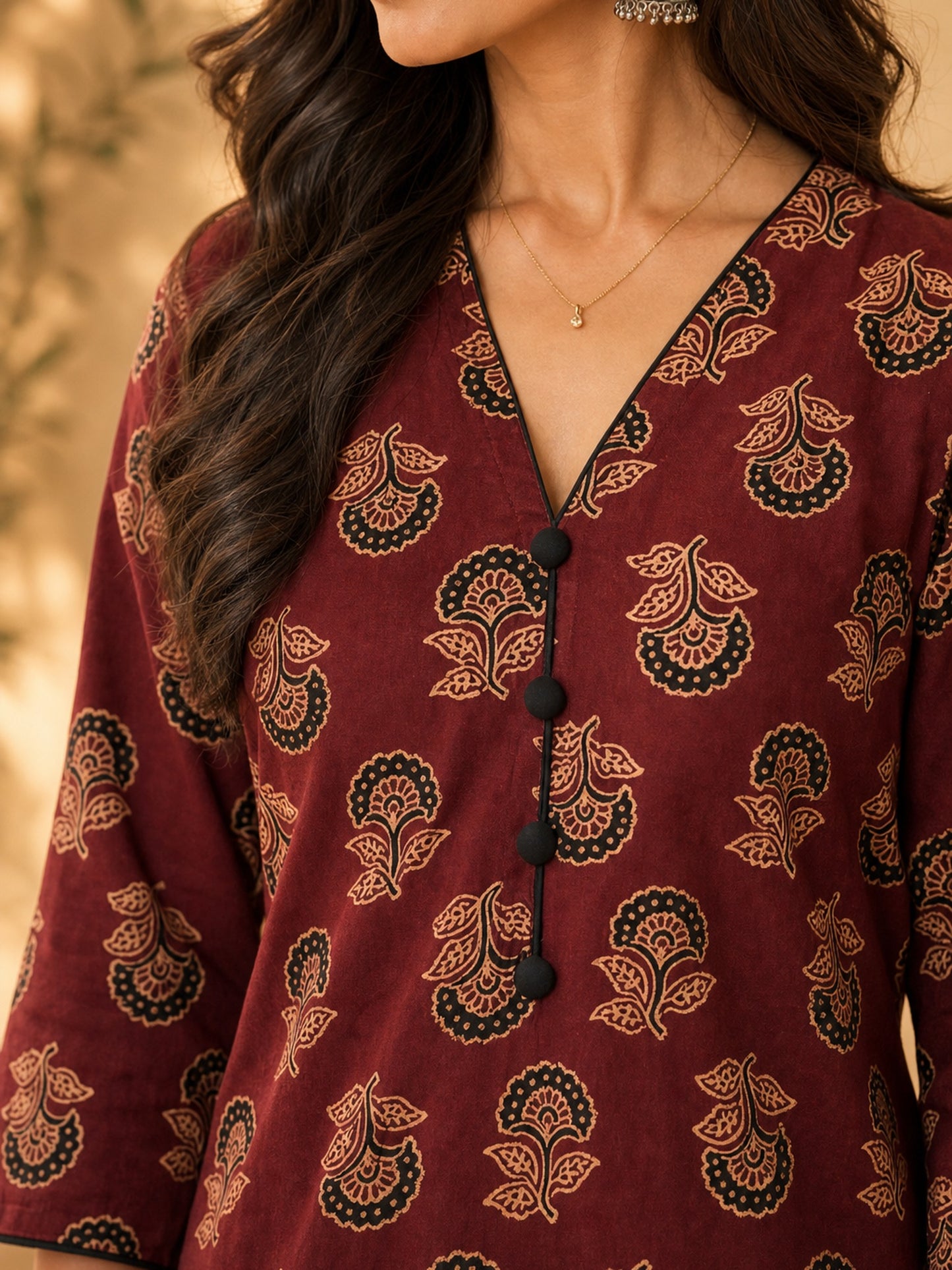 Maroon Ajrakh Cotton Kurta with Floral Print & Black Accents