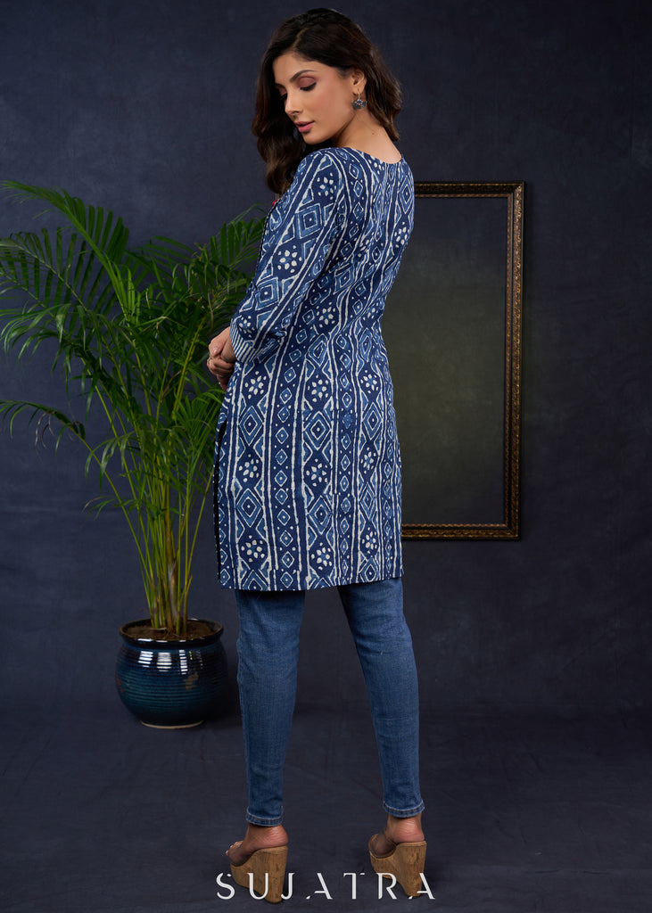 Stylish Indigo Cotton Combination Tunic For Effortless Charm.