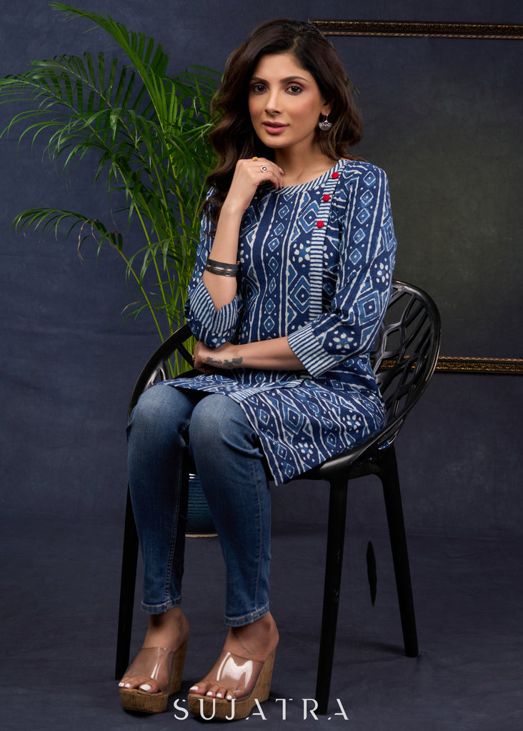 Stylish Indigo Cotton Combination Tunic For Effortless Charm.