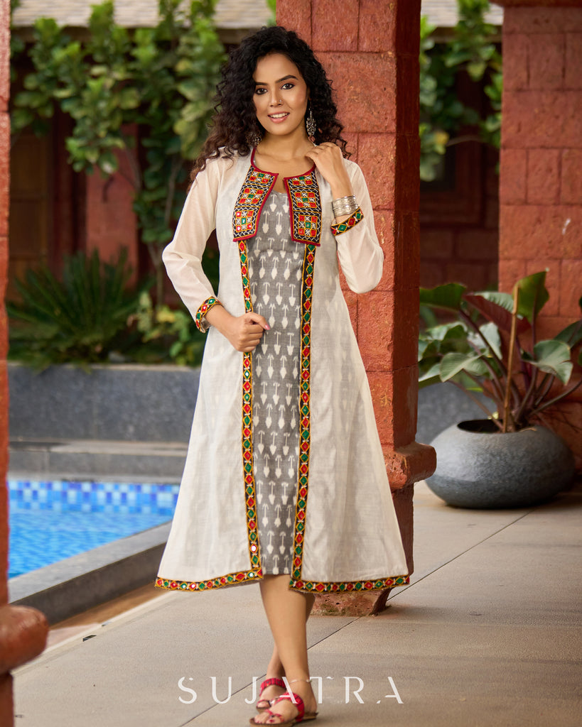 Minimalist Grey Ikat Sleeveless Dress - Mirror Work Jacket Additional