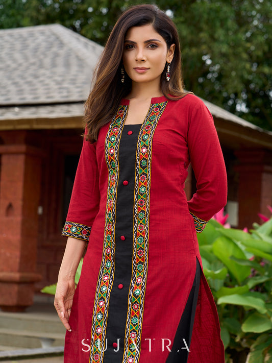 Beautiful maroon cotton kurta highlighted with traditional Kutch mirror embroidery-pant optional