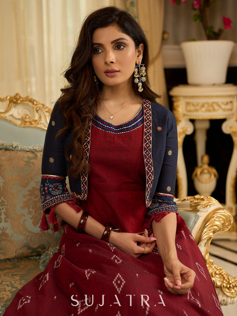 Maroon rich Jamdani Lehenga and Choli - Beautiful navy blue embroidered shrug Optional
