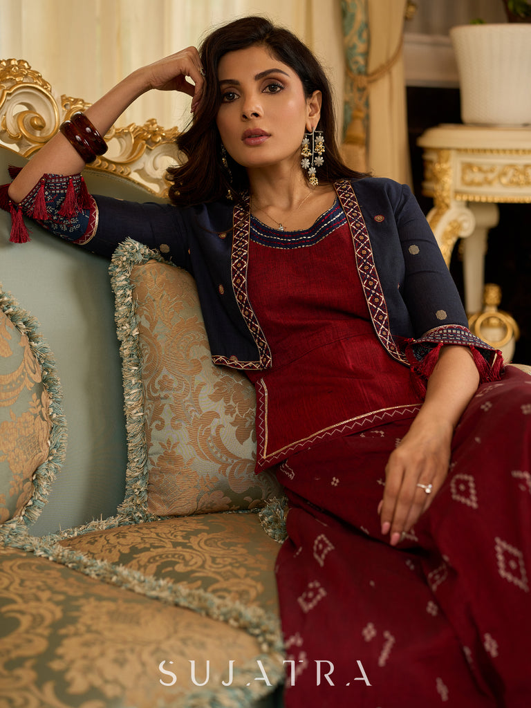 Maroon rich Jamdani Lehenga and Choli - Beautiful navy blue embroidered shrug Optional