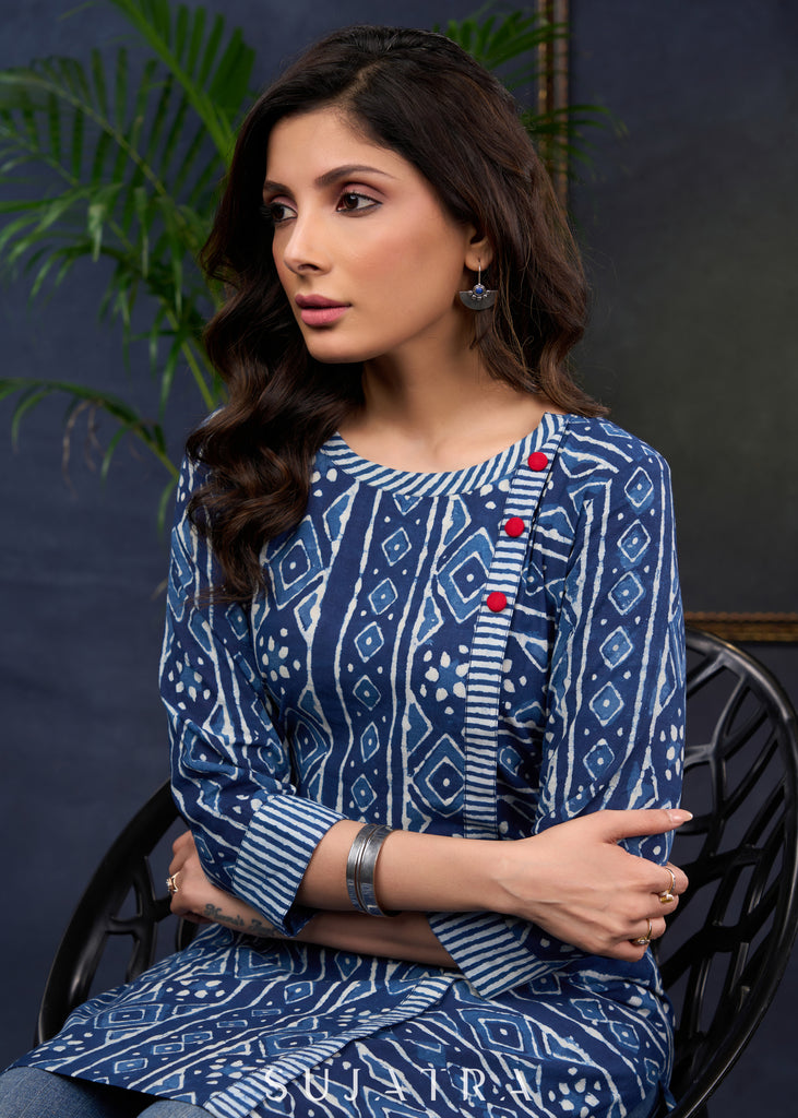 Stylish Indigo Cotton Combination Tunic For Effortless Charm.