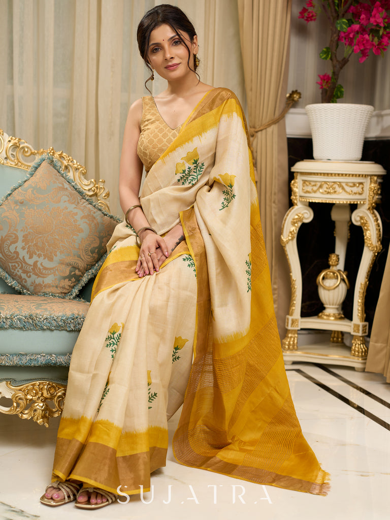 Exclusive pure tusser silk floral printed saree with mustard pallu
