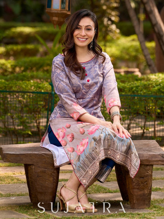 Chic grey kurta adorned with artistic abstract Pichwai print